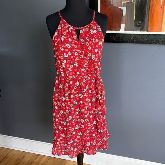 Harper Hertage red floral crepe split neckline wrap bodice ruffle skirt halter - Picture 2 of 9